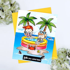 Sunny Studio Fish You Were Here Kids Playing in Pool on Island with Sharks Punny Summer Card (using Kiddie Pool Clear Stamps)