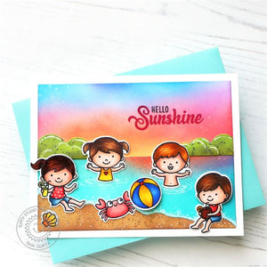 Sunny Studio Stamps Hello Sunshine Kids Playing In Lake Summer Sunset Card (using Tropical Trees Backdrop Cutting Die)