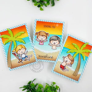 Sunny Studio Kids Swimming in Ocean with Palm Trees at Sunset Mini Summer Card Set (using Kiddie Pool 4x6 Clear Stamps)