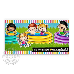 Sunny Studio "Make A Splash" Kids Playing in Swimming Pool Rainbow Slimline Birthday Card (using Kiddie Pool 4x6 Clear Stamps)