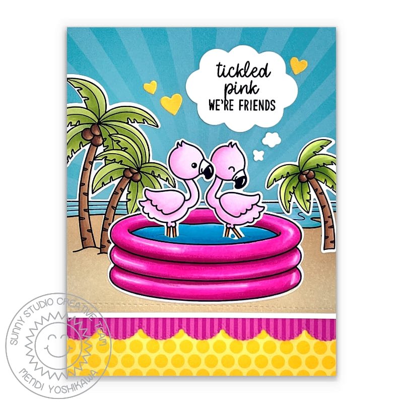 Sunny Studio Flamingos in Pink Inflatable Pool with Palm Trees Summer Beach Friendship Card (using Kiddie Pool Clear Stamps)