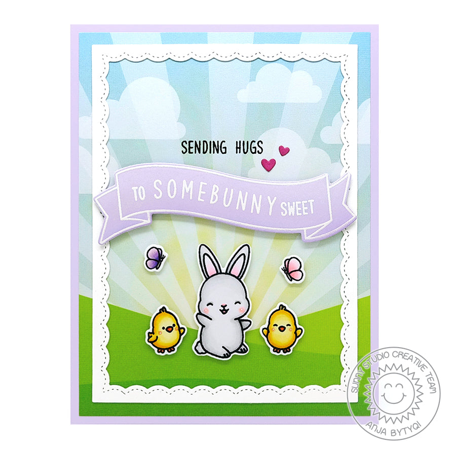 Sunny Studio Sending Hugs To Some Bunny Sweet Punny Easter Rabbit Handmade Card using Kinsley Alphabet 3x4 Clear Stamps