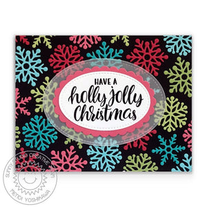 Sunny Studio Stamps Holly Jolly Christmas Snowflakes on Black Background Card using Scalloped Oval Mat 1 Metal Cutting Dies