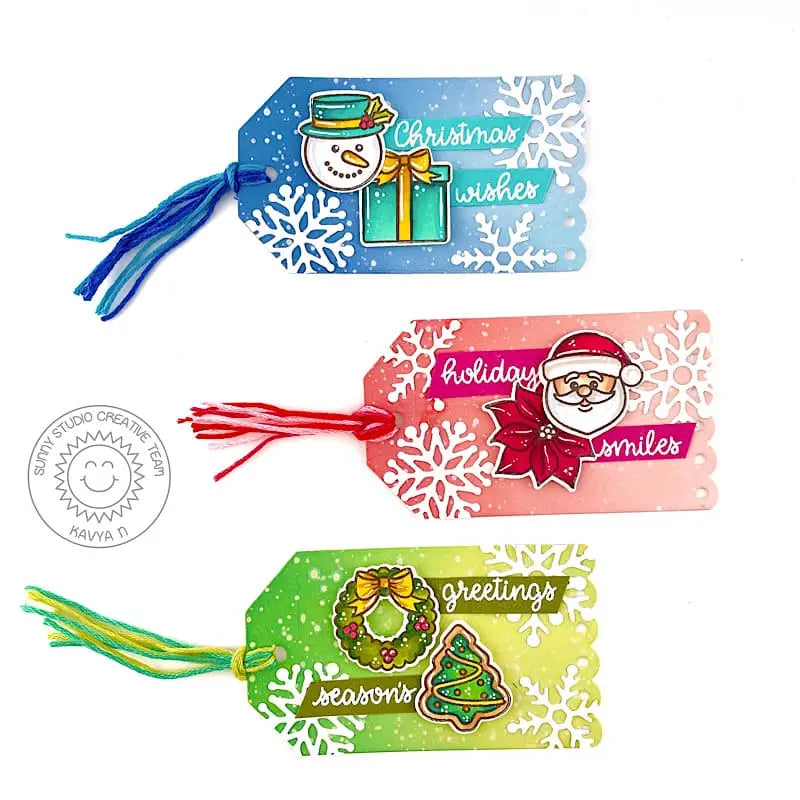 Sunny Studio Snowman, Santa & Holiday Wreath Snowflake Scalloped Gift Tags (using Christmas Icons 4x6 Clear Stamps)