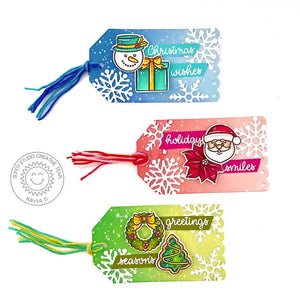 Sunny Studio Snowman, Santa & Holiday Wreath Snowflake Scalloped Gift Tags (using Christmas Icons 4x6 Clear Stamps)