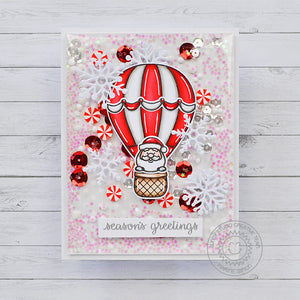 Sunny Studio Stamps Santa Claus in Red & White Hot Air Balloon Holiday Christmas Card (using Lacy Snowflakes Cutting Die)