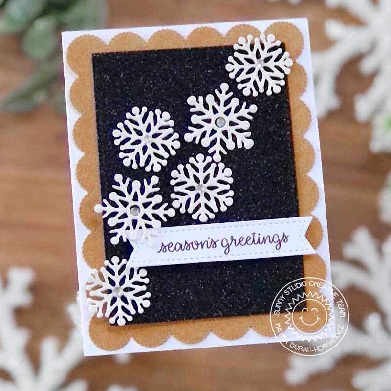 Sunny Studio Stamps Kraft & Black Glitter Winter Holiday Scalloped Christmas Card (using Lacy Snowflakes Metal Cutting Die)