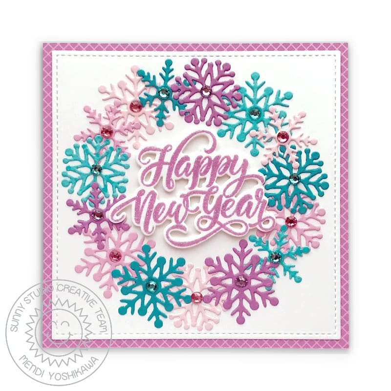 Sunny Studio Happy New Year Pastel Snowflake Wreath Holiday Card (using Season's Greetings Clear Sentiment Stamps)
