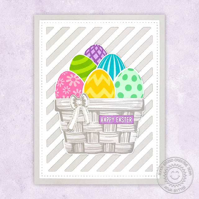 Sunny Studio Colorful Easter Eggs in White Basket Handmade Card (using Layered Basket 4x6 Clear Stamps)
