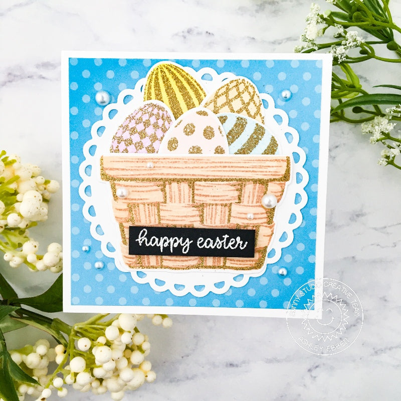Sunny Studio Gold Glitter Eggs in Basket Handmade Easter Card (using Layered Layering Eggs To Dye For 4x6 Clear Stamps)
