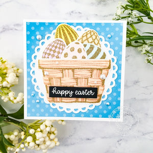 Sunny Studio Stamps Happy Easter Gold Glitters Eggs in Basket Handmade Card (using Scalloped Circle Mat 3 Dies)