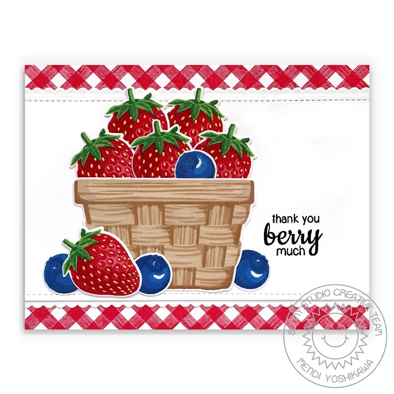 Sunny Studio Thank You Berry Much Punny Strawberry & Blueberry Red Gingham Card (using Layered Basket 4x6 Clear Layering Stamps)