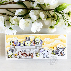 Sunny Studio Bunnies & Chicks with Eggs in White Basket Slimline Easter Card (using Layered Basket Layering 4x6 Clear Stamps)