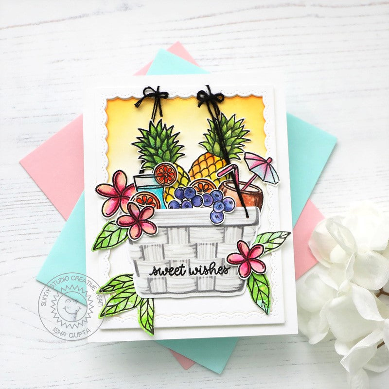 Sunny Studio Sweet Wishes Tropical Pineapple, Fruit & Flowers in Basket Card (using Layered Basket Layering 4x6 Clear Stamps)