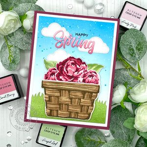 Sunny Studio Layered Floral Flowers in Basket Happy Spring Card (using Captivating Camellias Layering Stamps)