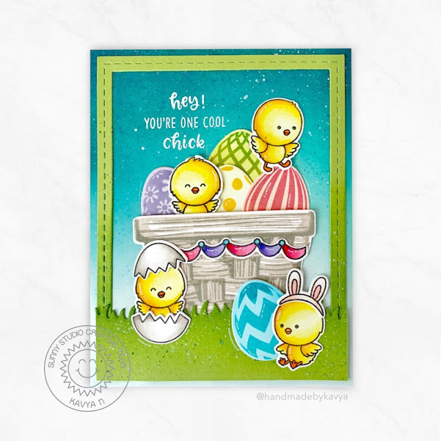 Sunny Studio You're One Cool Chick Easter Eggs in Basket Handmade Card (using Layered Basket 4x6 Clear Stamps)