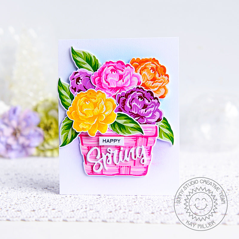 Sunny Studio Happy Spring Basket full of Flowers Colorful Card (using Captivating Camellias Layered 4x6 Clear Stamps)