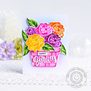 Sunny Studio Happy Spring Colorful Camellia Flowers in Hot Pink Basket Card (using Layered Basket Layering 4x6 Clear Stamps)