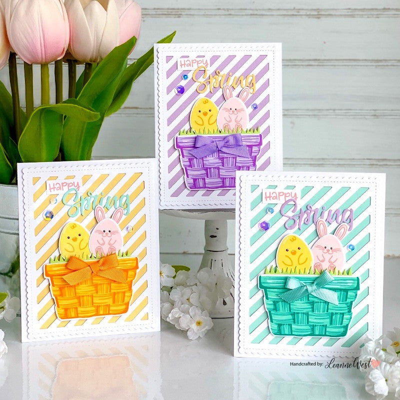 Sunny Studio Happy Spring Bunny & Chick Eggs in Colorful Easter Baskets Card (using Layered Basket Layering 4x6 Clear Stamps)