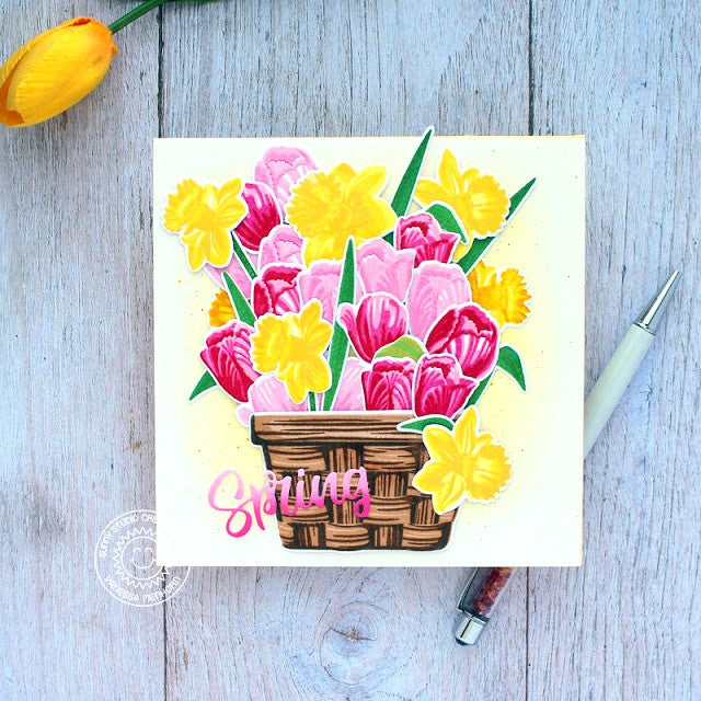 Sunny Studio Layered Tulips & Daffodils Spring Handmade Card (using Layered Basket 4x6 Clear Stamps)