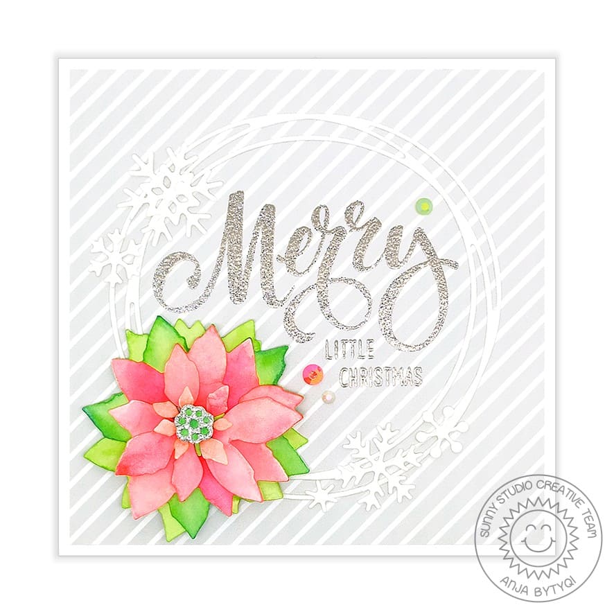Sunny Studio Silver & White Poinsettia Flower Holiday Christmas Card (using Season's Greetings Clear Sentiment Stamps)