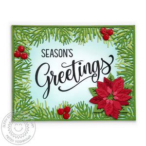 Sunny Studio Stamps Season's Greetings Poinsettia Christmas Card with Tree Bough Background using Christmas Garland Frame Die