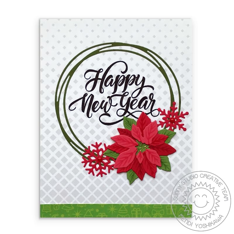 Sunny Studio Stamps Happy New Year Holiday Poinsettia Card (using Loopy Snowflake Circle Frame Die)