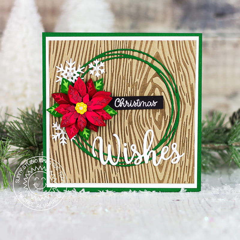 Sunny Studio Stamps Poinsettias and Snowflakes Wood Embossed Handmade Holiday Christmas Card by Rachel Alvarado (using Snowflake Circle Frame Cutting Die)