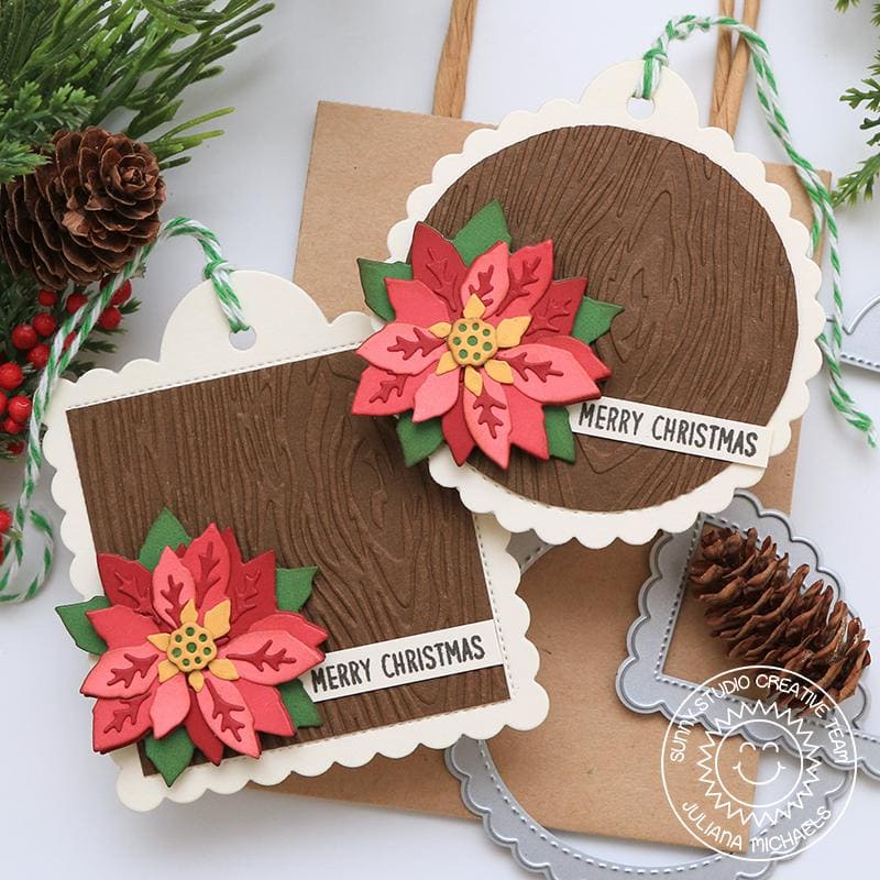 Sunny Studio Stamps Clean & Simple Wood Texture Christmas Gift Tags using Layered Poinsettia Metal Cutting Dies