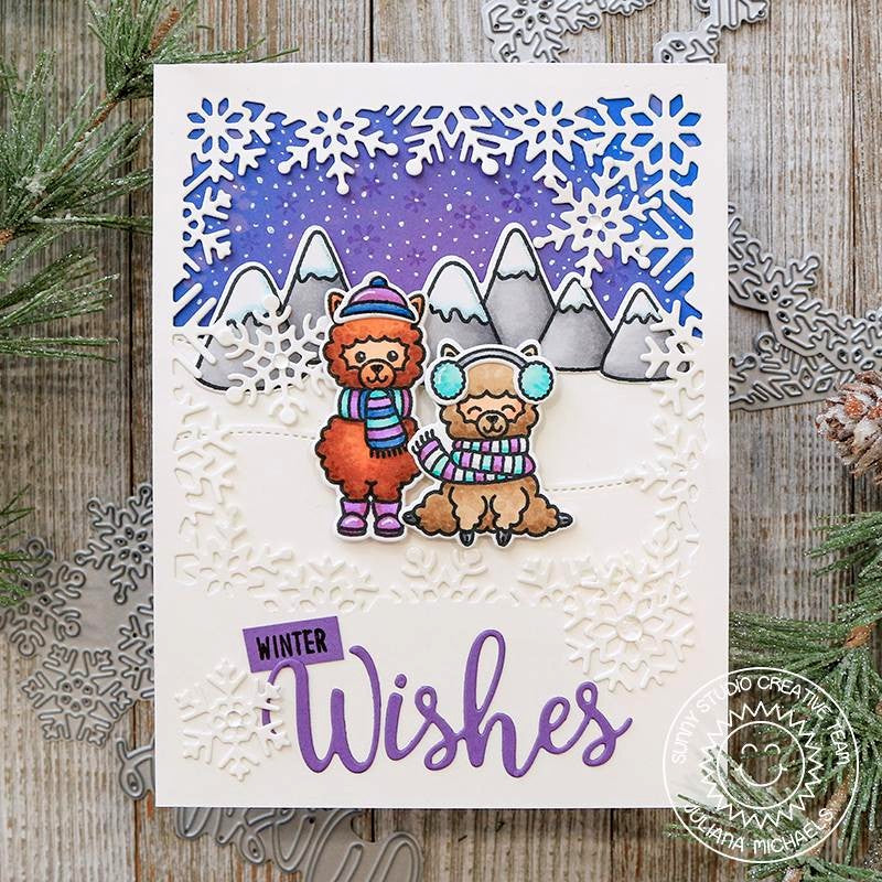 Sunny Studio Winter Wishes Blue & Purple Snowflake Holiday Christmas Card (using Alpaca Holiday 4x6 Clear Stamps)