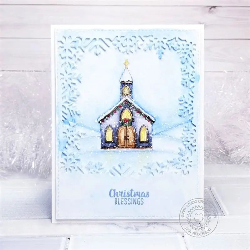 Sunny Studio Holiday Church Blessing Religious Card with Snowflake Frame (using Christmas Chapel 2x3 Clear Stamps)