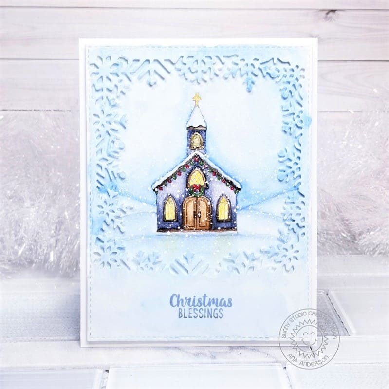 Sunny Studio Stamps No Line Coloring Holiday Church Chapel Christmas Blessings Card using Layered Snowflake Frame Cutting Die