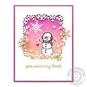 Sunny Studio Stamps Pink & Gold Snowman Handmade Winter Holiday Card (using Layered Snowflake Frame Dies)