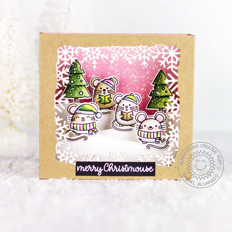 Sunny Studio Stamps Merry Mice Mouse Christmas Holiday Shadow Box Snowy Winter Card by Rachel
