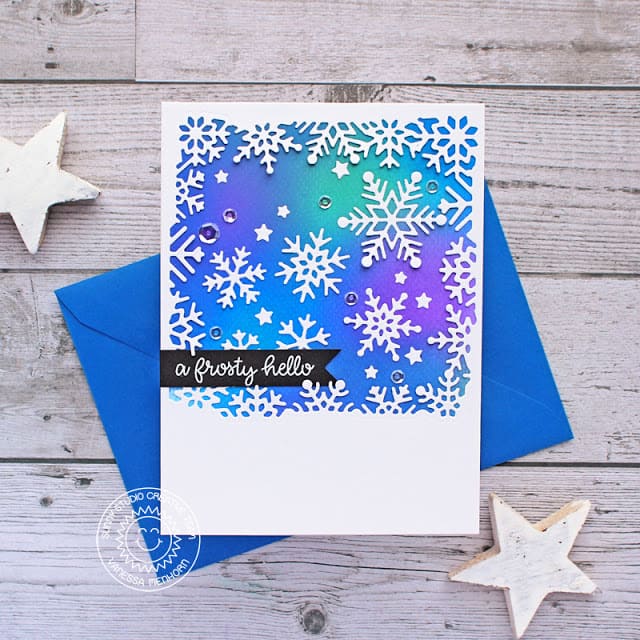 Sunny Studio Stamps Blue, Purple, Aqua & White Snowflake Handmade Holiday Christmas Card by Vanessa Menhorn (using Snowflake Circle Frame Cutting Die)