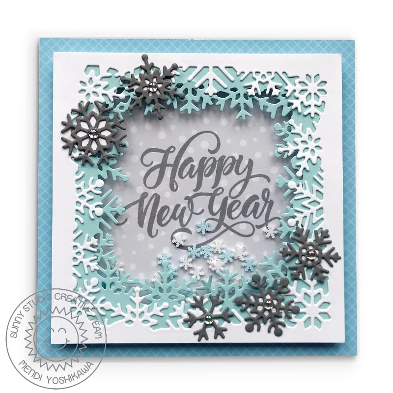 Sunny Studio Stamps Blue, Gray and White Snowflake Happy New Year Shaker Card (using Layered Snowflake Frame)
