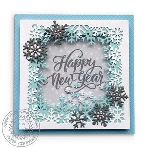 Sunny Studio Happy New Year Blue, White & Grey Layered Snowflake Holiday Shaker Card using Season's Greetings Sentiment Stamp