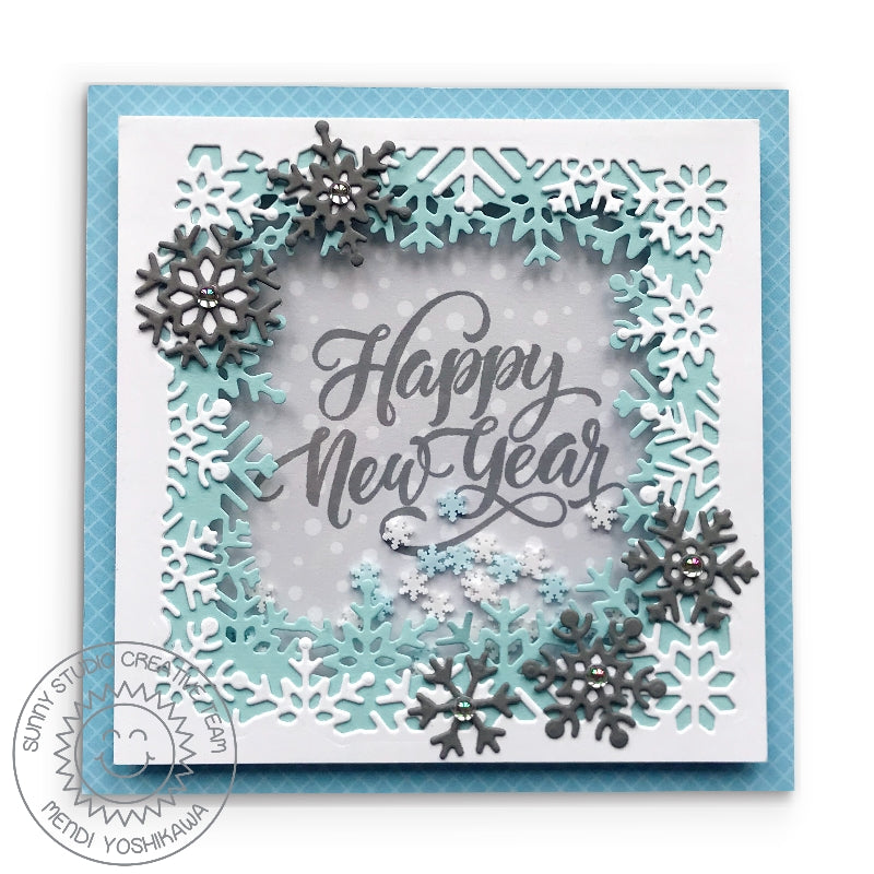 Sunny Studio Stamps Square Happy New Year Snowflake Shaker Card (featuring Blue Snowflake Clay Confetti Embellishment)