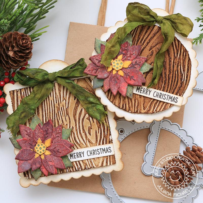Sunny Studio Stamps Rustic Christmas Poinsettia Scalloped Holiday Gift Tags (with embossed wood texture using Woodgrain 6x6 Embossing Folder)