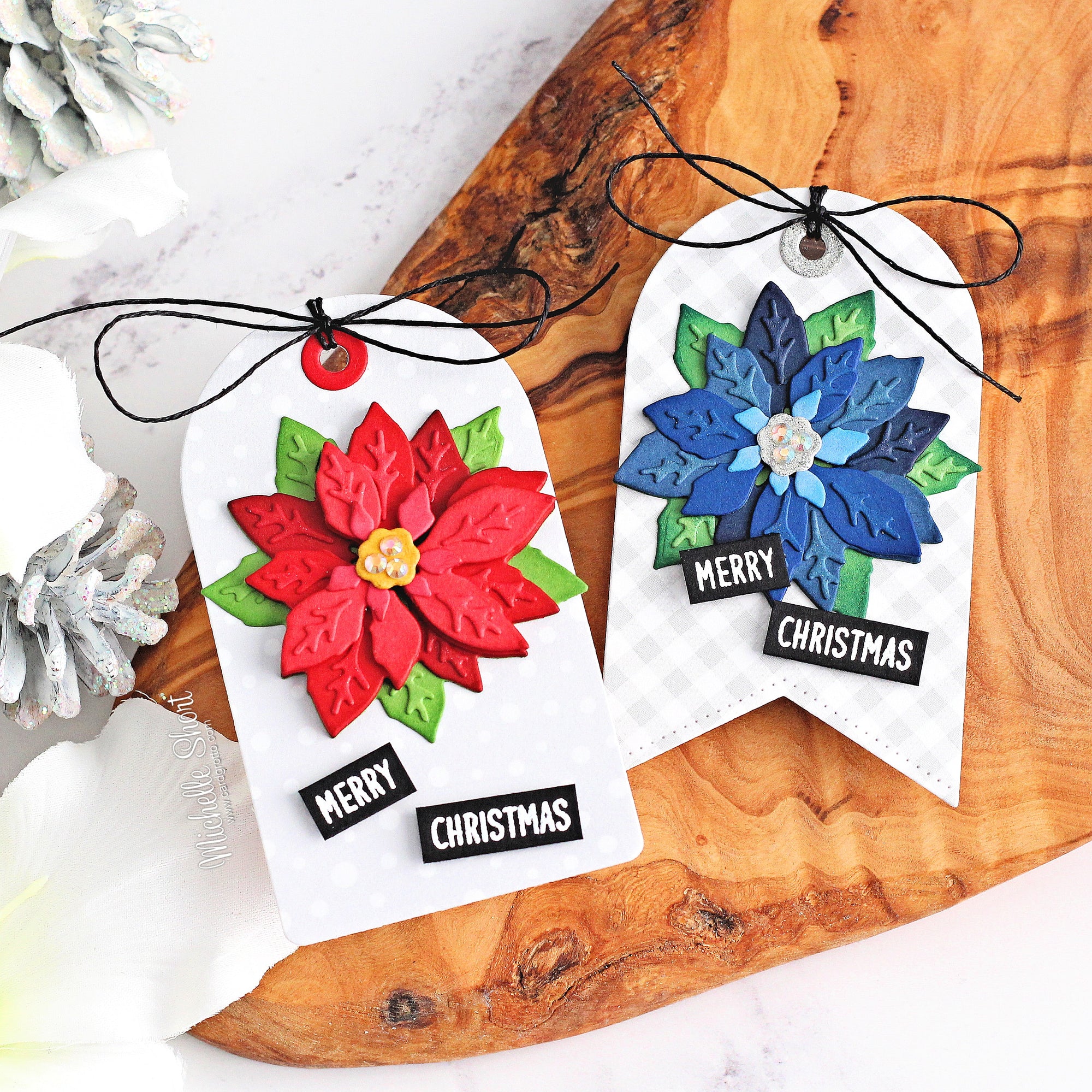 Sunny Studio Stamps Layered Poinsettia Holiday Christmas Gift Tags (using Subtle Grey Tones 6x6 Gingham Patterned Paper)