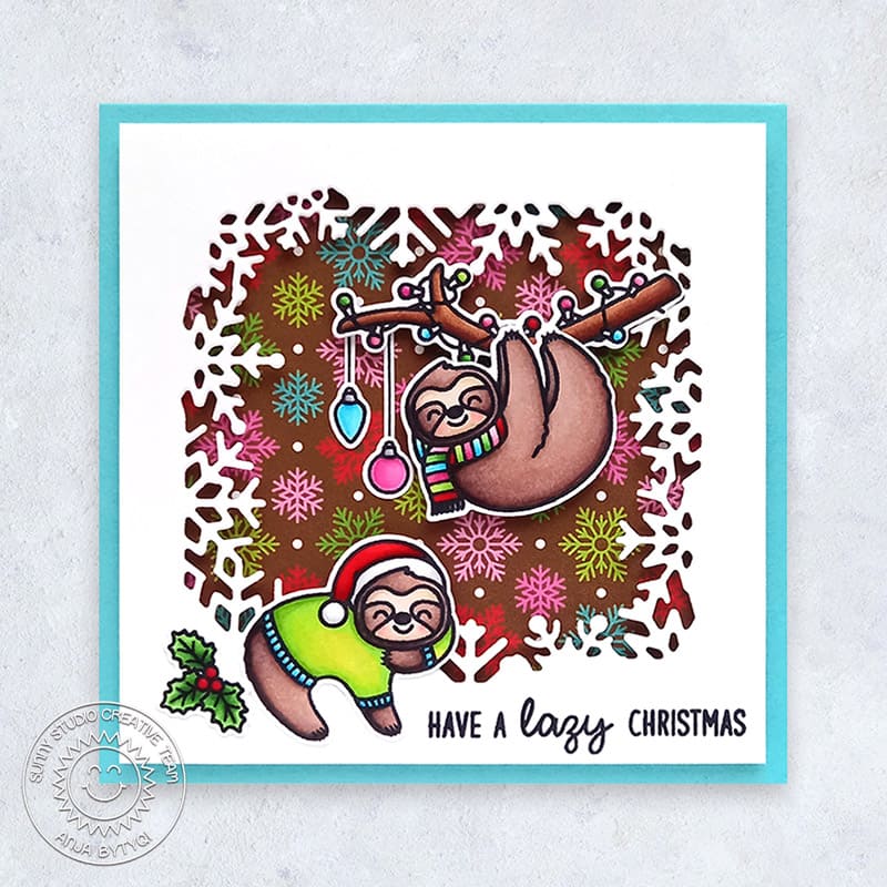 Sunny Studio Hanging Sloth Snowflake Frame Holiday Christmas Handmade Card (using Lazy Christmas 3x4 Clear Stamps)