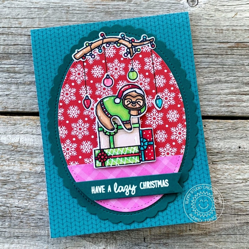 Sunny Studio Stamps Have A Lazy Christmas Sloth Hanging on Gifts Holiday Card using Scalloped Oval Mat 1 Metal Cutting Dies