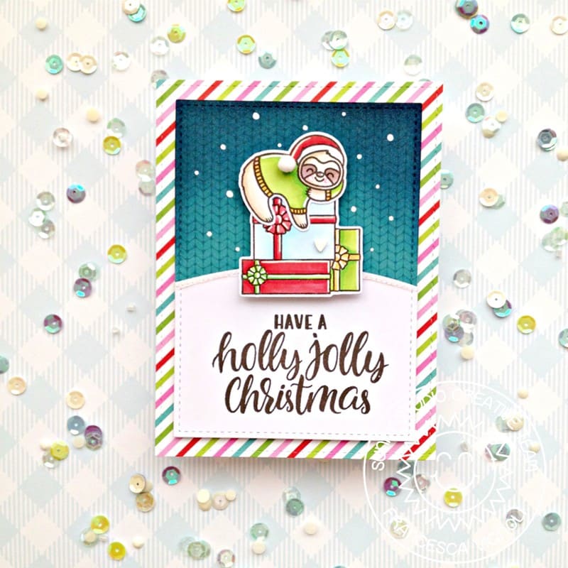 Sunny Studio Rainbow Striped Holly Jolly Christmas Sloth Holiday Card (using Lazy Christmas 3x4 Clear Stamps)