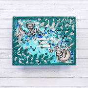 Sunny Studio Stamp Hanging Sloth Teal & Silver Glitter Holiday Shaker Christmas Card using Botanical Backdrop Background Die