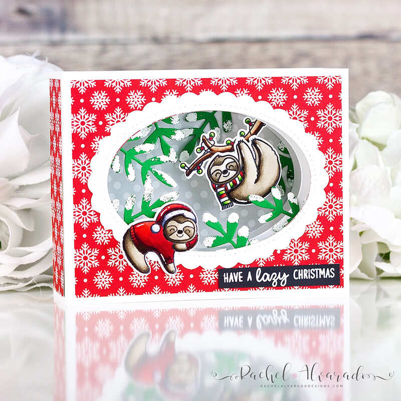 Sunny Studio Red & White Snowflake Hanging Sloths Pop-up Box Holiday Card (using Lazy Christmas 3x4 Clear Stamps)