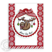 Sunny Studio Stamps Slow Ho Ho Punny Sloth Red & White Holiday Christmas Card (using Scalloped Tag Circle Dies)