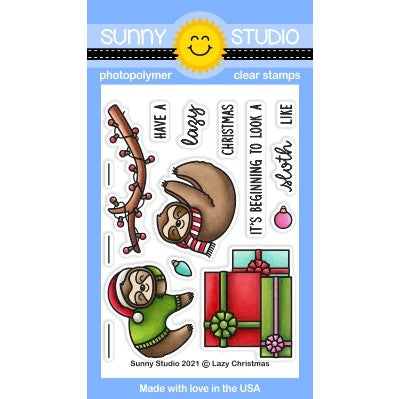 Sunny Studio Lazy Christmas Holiday Sloth with Tree Branch and Gifts 3x4 Clear Photopolymer Stamp Set
