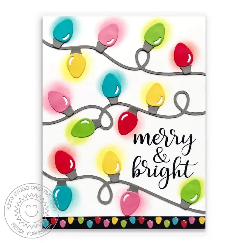 Sunny Studio String of Rainbow Christms Lights Merry & Bright Holiday Card (using Festive Greetings 3x4 Clear Sentiment Stamps)