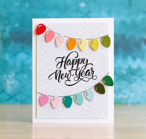 Sunny Studio Stamps Happy New Year Rainbow Hanging Christmas Lights Holiday Card (using Subtle Grey Tones 6x6 Patterned Paper)