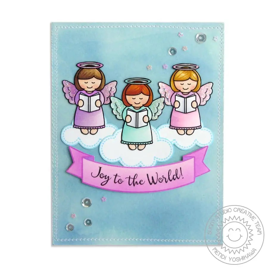Sunny Studio Joy To the World Three Singing Angels Christmas Card (using Banner From Sunny Borders 4x6 Clear Stamps)